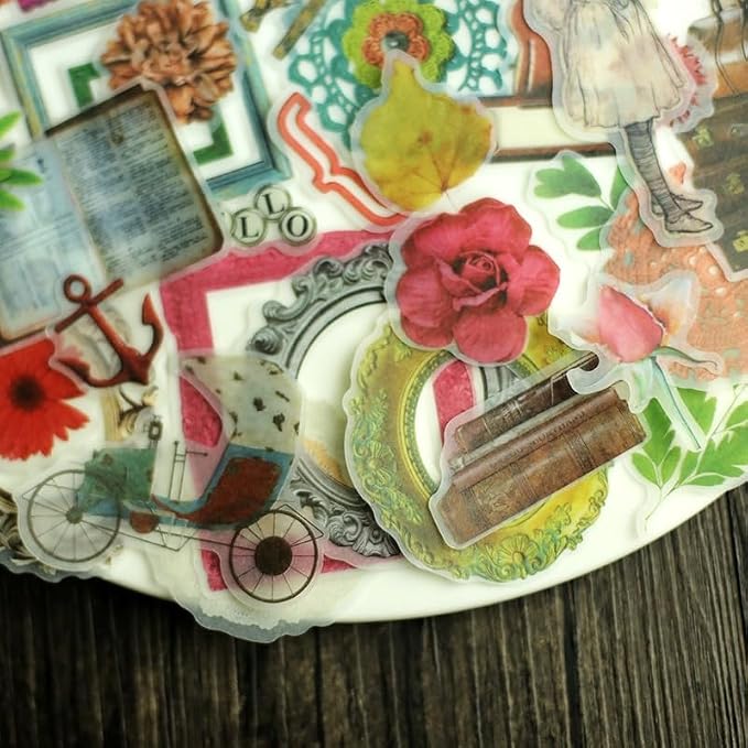 CATaireen Vintage Junk Journal Ephemera Scrapbooking Supplies Translucent Vellum Paper Stickers Card Making Decal Art Aesthetic for Adults (Character Frame Art)