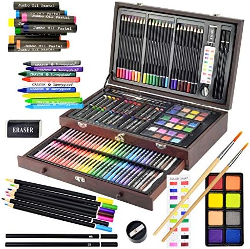 Sunnyglade 145 Piece Deluxe Art Set Wooden Art Box & Drawing Kit Cherry