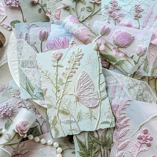 138Pcs Scrapbook Paper Textured Journaling Scrapbooking Supplies Kit Decorative Craft Paper Assorted for Junk Journals Card Crafts Making, Flower Grass Letter