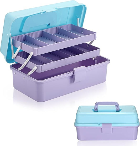 BTSKY 3-Layer Plastic Dividing Storage Box Craft Organizer and Storage | Portable Handled Art Supply Organizer with Adjustable Spacers Multipurpose Home Utility Box for Medicine Sewing(Blue+Purple)