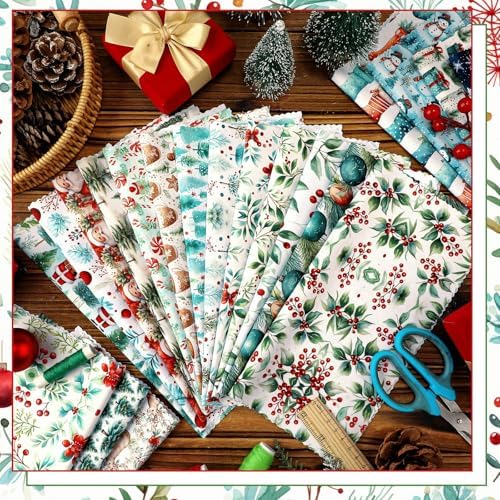 HunnmingRe 20 Pcs 10''x10'' Christmas Woodland Quilting Fabric Square Santa Snowflake Precut Quilted Fabric Bundle Candy Cane Snowman Reindeer Printed Sewing Material for Winter Patchwork DIY Craft