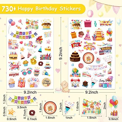 LINAYE 24 Sheets Happy Birthday Stickers - 730 Counts, Small & Large Sizes, Perfect for Birthday Party Decorations & Gifts