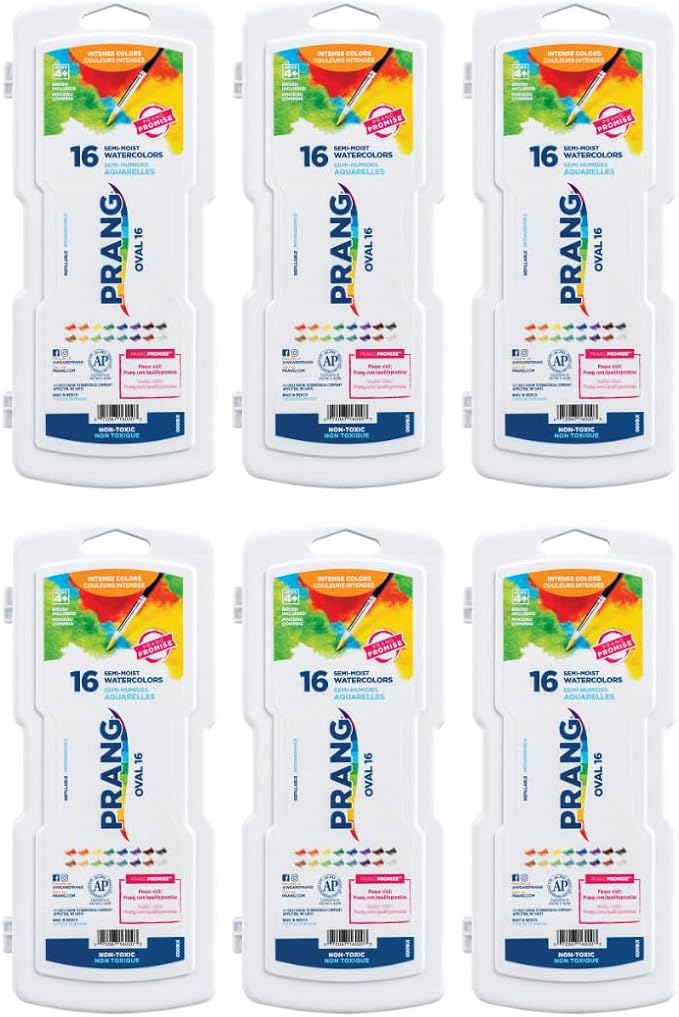 Prang Semi-Moist Watercolors 16-Color Oval Pan Set, Pack of 6 | Refillable, Wax-Free Pigments, Mixing Tray in Lid, Size 6 Paintbrush Included