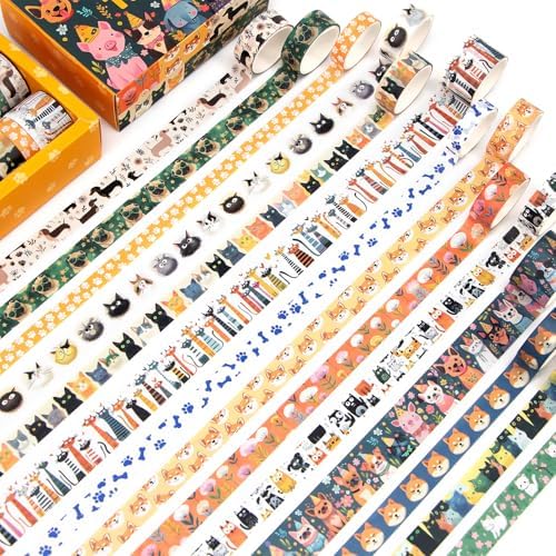 Washi Tape Set 14 Rolls, Cute Animal Decorative Tape, Cats Puppies Pugs Designs Washi Tapes for Scrapbooking Supplies, Journaling Supplies, Crafts