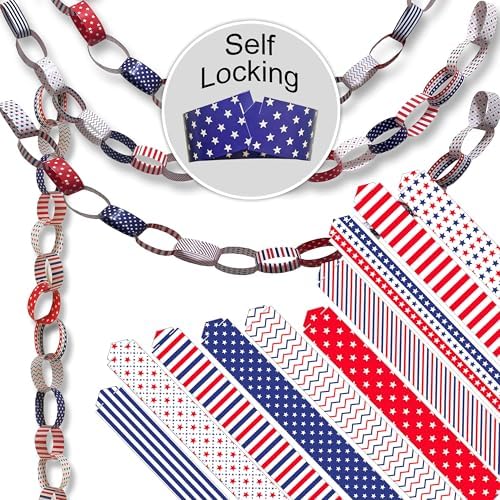 300 Paper Chain Strips for Crafting. No Glue or Tape Needed. Kid Friendly & Family Fun. Yields Over 50 Feet of Paper Chains for Party or Classroom Decorations (Stars and Stripes)