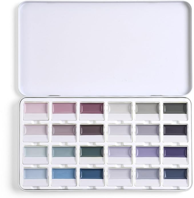Fuumuui CREAMORA Watercolor Paint Set 24 Color Opaque Semi-Solid Muted Gray Tone Paint | for Soft Gradient, Professional Adult Beginner Artist Supplies for Realistic Landscape Hobbyists Art Painting