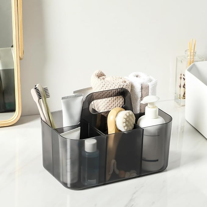 Multiuse Caddy Organizer with Handle, Portable Plastic Tote Bin - Art Craft, Stationary Pen Marker Crayons, Makeup Hair Supplies Storage - Bathroom, Classroom, Dorm, Office, Desk Holder - Clear Black