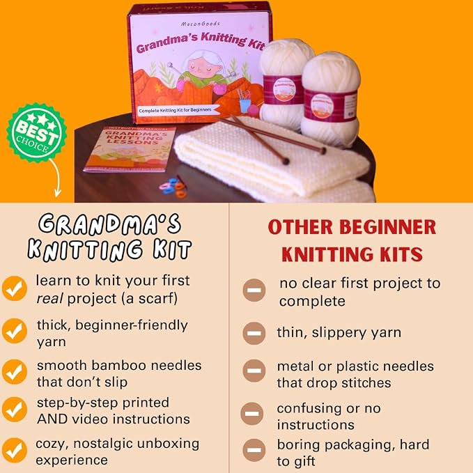MaconGoods Grandma's Knitting Kit - Complete Knitting Kit for Beginners - Includes Beginner Yarn, Bamboo Needles, Video Tutorial, and Written Guide & More - Easy Learn to Knit Kit