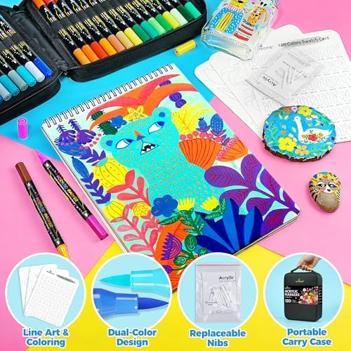 120 Colors Acrylic Paint Markers, Dual-Tip Brush Paint Pens for Painting | Permanent Drawing Markers Set For Wood, Rock , Fabric, Canvas, Glass, Ceramic, DIY Craft Art Supplies, 60 Pack