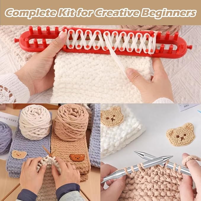 Novelchet Scarf Knitting Loom Kit for Beginners with Plush Yarn Khaki