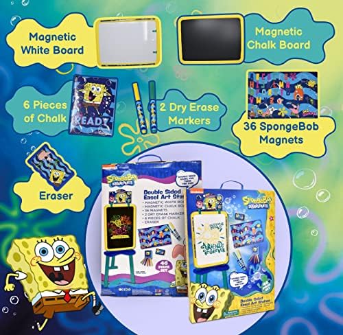 Spongebob Kids Art Easel, Standing Magnetic Whiteboard and Chalkboard, Drawing Accessories