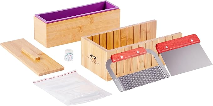 VEVOR Soap Making Kit, Bamboo Cutting Box and Inner Box with Silicone Mold, Stainless Steel Straight Cutter and Wavy Cutter, 100 Bags and 105 Stickers, Soap Making Supplies DIY Kits for Adults