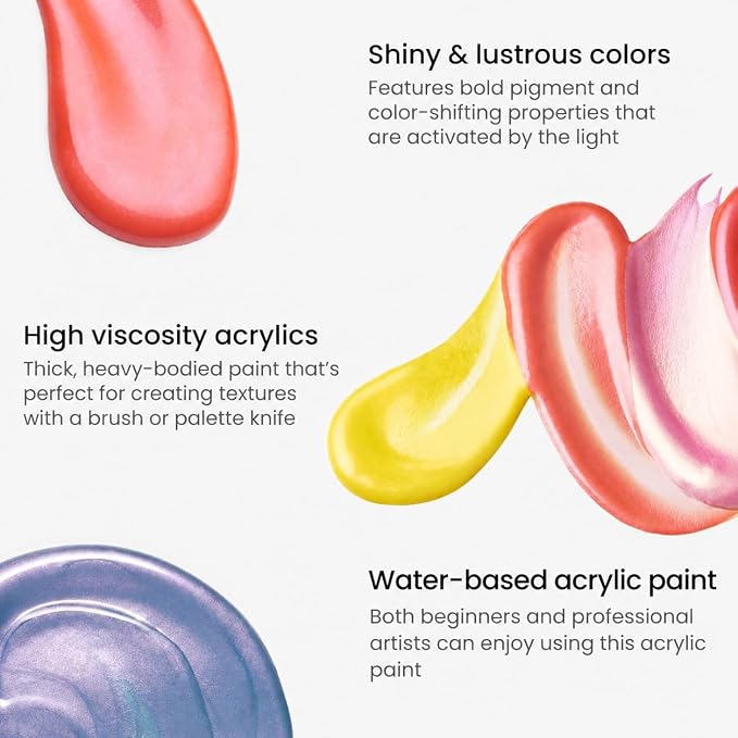 ARTEZA Iridescent Acrylic Paint Set, 10 Galaxy Colors, 60 ml/ 2 fl oz Tubes
