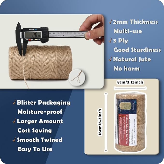 PerkHomy 1100FT Jute Twine String 2mm 3ply Natural Thin Twine for Craft Gardening Gift Wrapping Packing Material Wedding Christmas Decoration Bulk (Pack of 2)