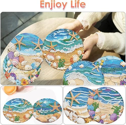 ijbnhd 8 Pack Diamond Art Coasters Kits Ocean (Cork Wooden Pad)