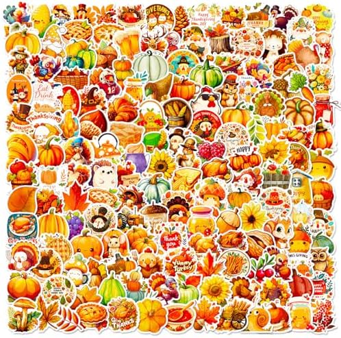 Thanksgiving Stickers Pack, 200Pcs Cute Thanksgiving Pumpkins Vinyl Waterproof Stickers for Water Bottles Envelopes Scrapbooking Crafts, Fall Sticker Gifts for Kids Adults Teens