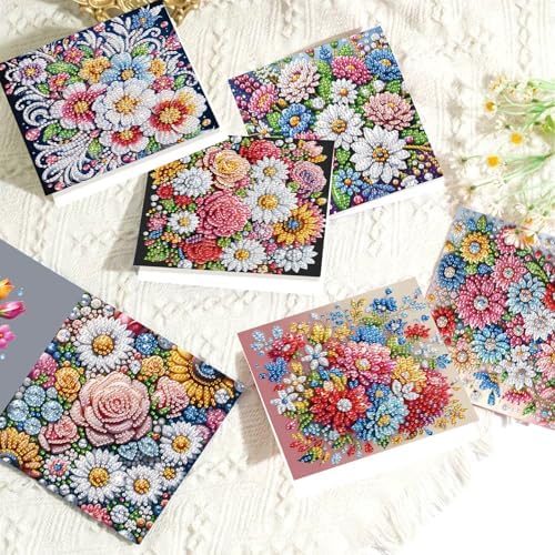 antor 6 pcs Diamond Painting Greeting Card Kits - Beautiful Floral Design with Fine Glitter, 5D DIY Creative Special Shaped Diamond Art Cards for Birthday Holiday Congratulations Crafts Gifts