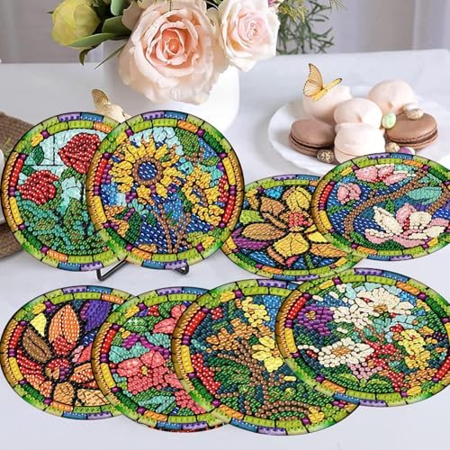 8 Pcs Diamond Art Coasters Kit for Adult with Holder, Diamond Coaster 4x4in