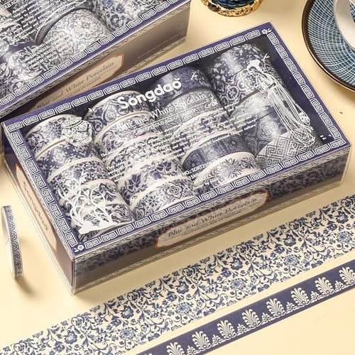 Blue & White Porcelain Washi Tape Set, Traditional Chinese Ceramic Pattern Decorative Masking Tapes, Oriental Art for Craft, Scrapbook, DIY, Gift Wrapping (1-Porcelain Grace/20 Rolls)