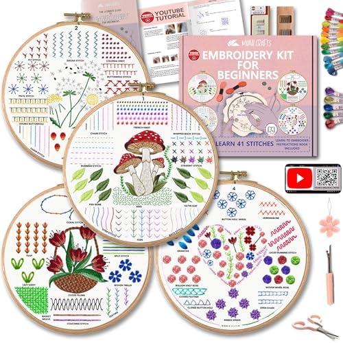 Moni Crafts Adult Beginner Embroidery Kit – 4 Pre-Printed Patterns (Flower, Mushroom, Floral, Heart) – Learn 41 Stitches, Hand Embroidery Starter Craft Set