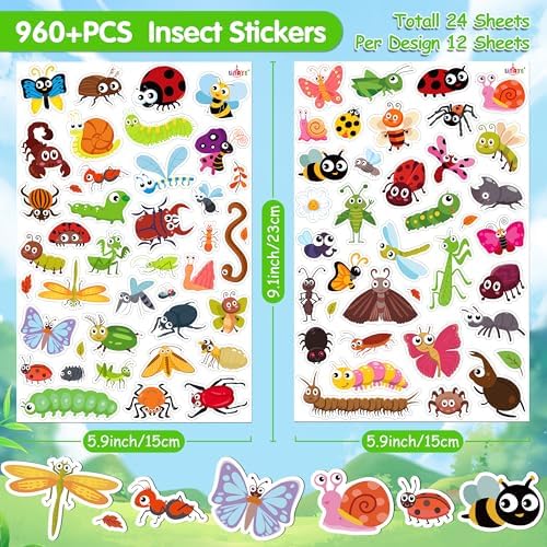 LINAYE 24 Sheets Cute Bug Insect Stickers for Kids, 960 Counts for Scrapbooking,Water Bottles,Envelopes,Laptop Lovely Insect Stickers for Classroom Boys Girls