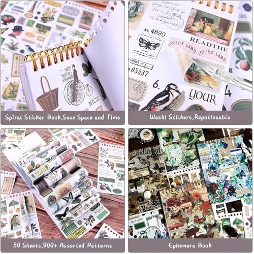 900+ Pieces Vintage Stickers for Scrapbooking, 50 Sheets Precut Washi Stickers Book for Scrapbooking, Scrap Book for Junk Journal Supplies DIY Crafts, Collage, Photo Album