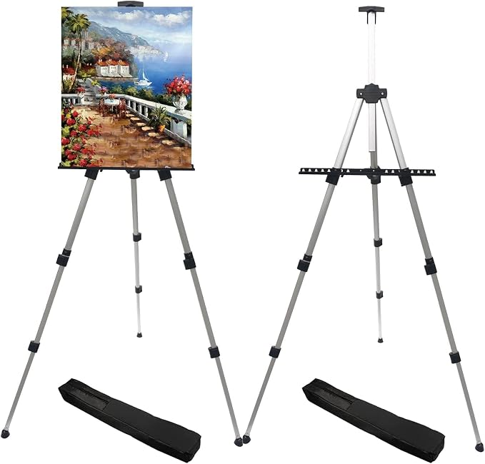RRFTOK Silver 2 Pack 17-66 Inch Art Easel Stand for Painting and Sign | Two portable aluminum tripod easels for display stand, canvas holder, adults, floor, sign and poster stand use