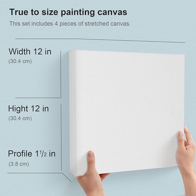 PHOENIX 12x12 Inch Gallery Depth Watercolor Canvas 4 Pack | 1.5 In Deep 100% Cotton Water Color Square Canvases for Painting, 260g Medium Texture Canvas for Water Based Paints