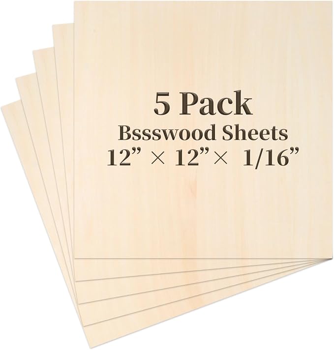 Balsa Wood, Plywood Sheet, Unfinished Basswood Blanks, 12×12×1/16 in, 5 Pcs | for Laser Cutting, Engraving, Burning, Crafts, Paint; Smooth and Polished, No Burrs, Wood Craft Supplies