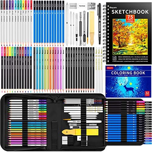 iBayam Art Sketching Drawing Supplies, 3-Color Sketchbook & Coloring Book | 78-pc Professionals art kit, graphite, charcoal, watercolor & metallic pencils, Non-toxic, zip case, Adults Kids Teen Girls