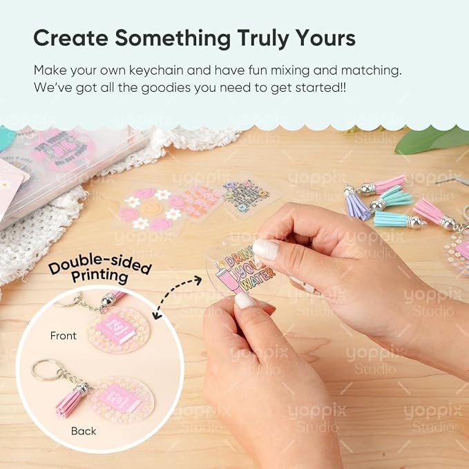 YOPPIX 140 PCS Acrylic Keychain Blank Set, Christmas Double-Sided UV DTF Stickers Acrylic Keychain Making Kits for Vinyl DIY Craft Project Christmas Tree Ornament