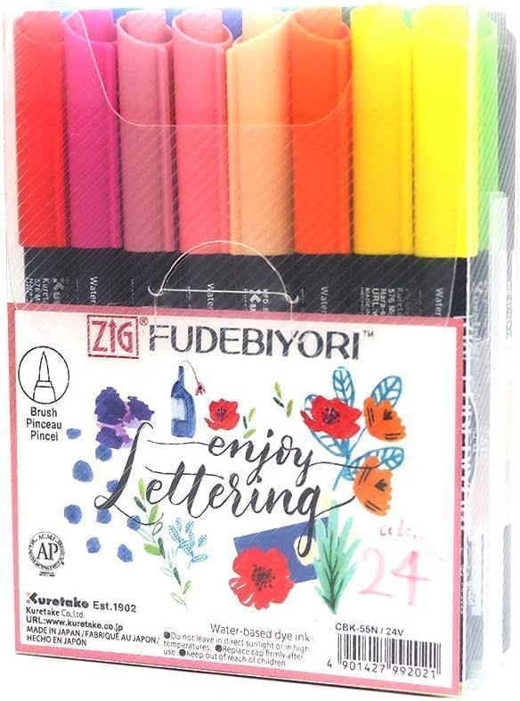 Kuretake ZIG FUDEBIYORI Brush Pens 24 Colors set, AP-Certified, Odourless, Xylene free, Flexible Hard brush tip, Effective for both details and larger spaces, Professional quality, Made in Japan