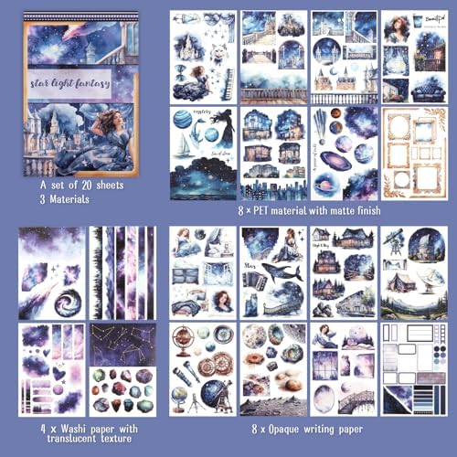Pre-Cut Galaxy Sticker for Journaling, PET Washi Paper Collage Book, 20 Sheets Star Space Fantasy Planner Decals Scrapbook Junk Journal Supplies