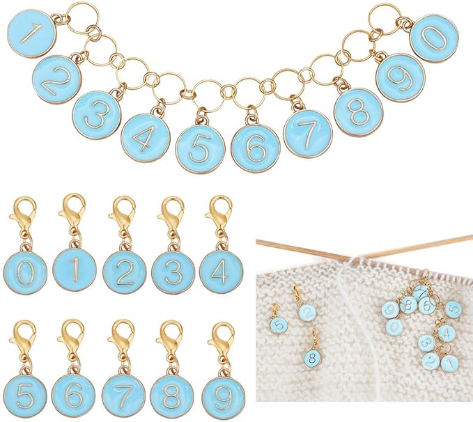 BENECREAT 11Pcs Alloy Enamel Number 0~9 Knitting Row Counter Chains and Blue Enamel Charm Locking Stitch Markers with Lobster Claw Clasps for Knitting Weaving Sewing Accessories