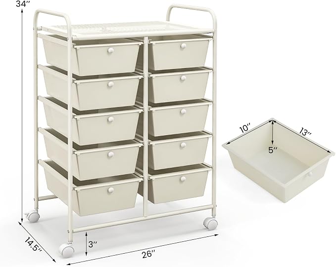 Giantex 10 Drawers Rolling Cart, Classroom Organizers, Storage Cart with Wheels, for Teacher Office Home School Supplies Tool Craft Art Paper, Ivory Color