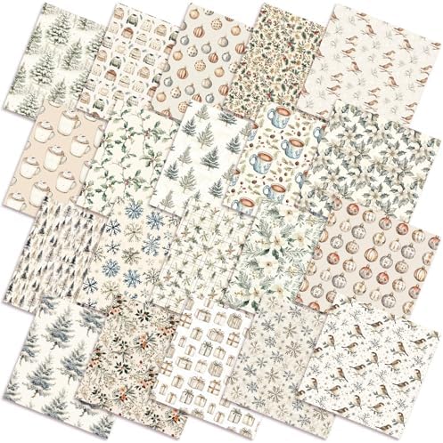 HunnmingRe 20 Pcs 10''x10'' Boho Christmas Quilting Fabric Square Woodland Beige Quiltted Fabric Bundle Rustic Winter Precuts Printed Patchwork Supplies for Xmas DIY Sewing Craft
