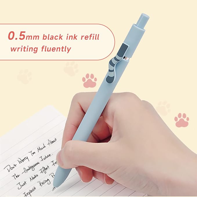 UIXJODO Cat Pens, 8 Pcs 0.5mm Cute Kawaii Black Ink Fine Point Smooth Writing, High-End Series Cat's Tail Retractable for Journaling Note Taking