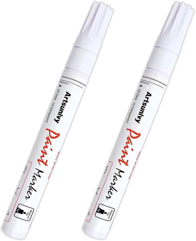 Artsunlvy White Paint Pens marking pens Permanent Markers - 2 Pack Oil Based Waterproof Markers for Tire, Rubber,Wood, Rocks, Metal, Canvas,Plastic, Dark Surface,Craft office Supplies,Medium Point