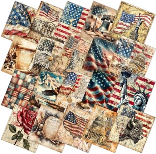 HunnmingRe 20 Pcs 10''x10'' Vintage Patriotic Quilting Fabric Square 4th of July Precut Quilted Fabric Bundle American Flag USA Patchwork Supplies for 250th Veteran Handmade DIY Craft Sewing Material
