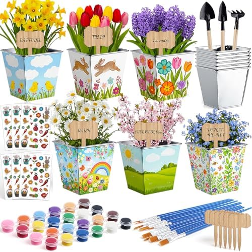6 Sets Garden Flower Pots Crafts Kit DIY Metal Iron Plant Pots Acrylic Paint Stickers Brushes Plant Labels Gardening Tool Kit for Planting Crafts Mother's Day Graduation Creative Gift