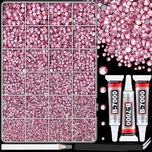 25000Pcs Resin Rhinestones with Tweezers for Crafting, Dark Pink 2-6mm Mixed Sizes Bedazzling Crystal with 3Pcs 10ml B7000 Jewelry Glue for DIY Crafts Clothing Tumblers Shoes Fabric Nail Art