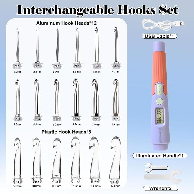 Yarniss 18 Size Digital Counting & Lighted Crochet Hooks Set 2.0mm-14.0mm