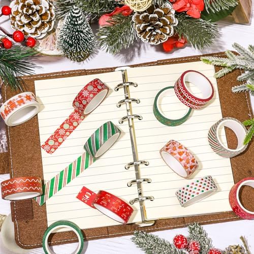 Whaline 12 Rolls Christmas Washi Tape Xmas Gingerbread Man Candy Cane Decorative Masking Tape for Christmas Scrapbook Journal DIY Art Craft Gift Wrapping