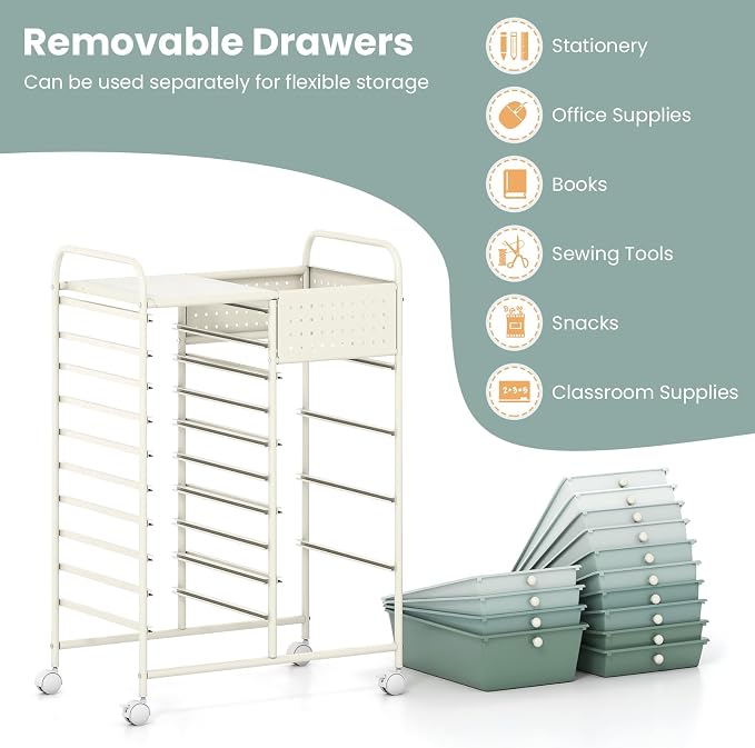 Giantex 14 Drawer Storage Cart, Rolling Craft Cart with Metal Tabletop & Pegboard, Mobile Utility Organizer Trolley with Locking Wheels, Home Office, Green Gradient
