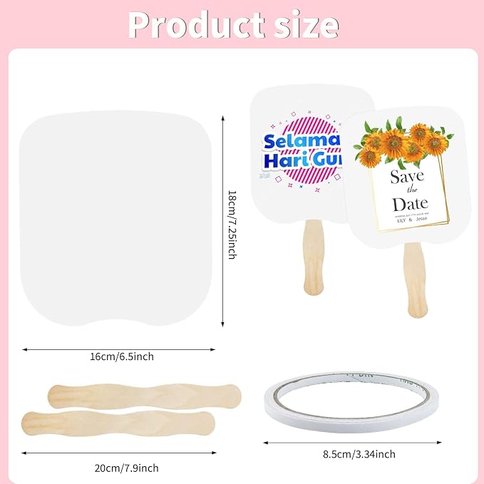 94 Pcs Church Fans Handheld Set, 60 Cardstock Paper Fans with 30 Wavy Wooden Sticks and 4 Rolls of Double-Sided Tape, Handheld Blank White Cardstock for DIY Crafting Painting Custom Fans