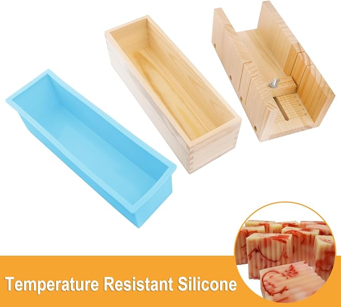Premium Soap Making Kit with 3PCS 42oz Silicone Moldss & Wooden Box & Two Cutter, Complete Crafting Set for Pour or Cold Process Soap, by GNIEMCKIN