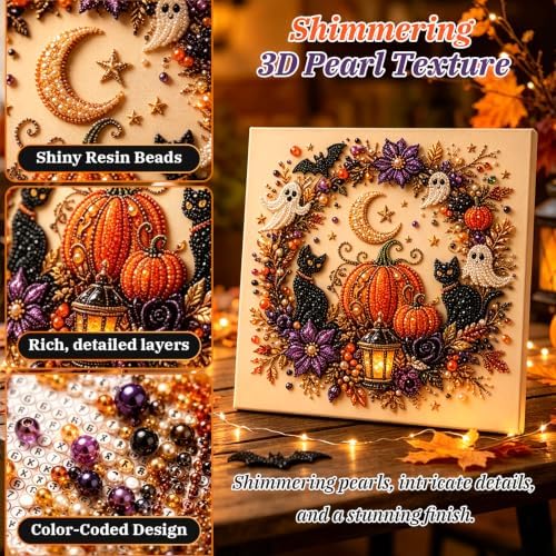 Halloween Pearl Art Kit for Adults, Halloween Ghost Pearl Art DIY Kit, Cute Pumpkin 3D Diamond Art Kits for Adults, DIY Fall Diamond Art Painting Home Decor Wall Art, Beginner DIY Seasonal Party Gift