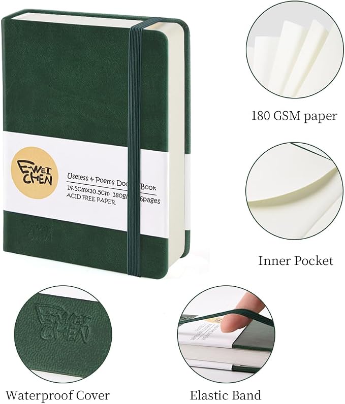 5.7x4.1in Hardcover Blank Sketchbook for Drawing 180gsm 96Pages,Dark Green