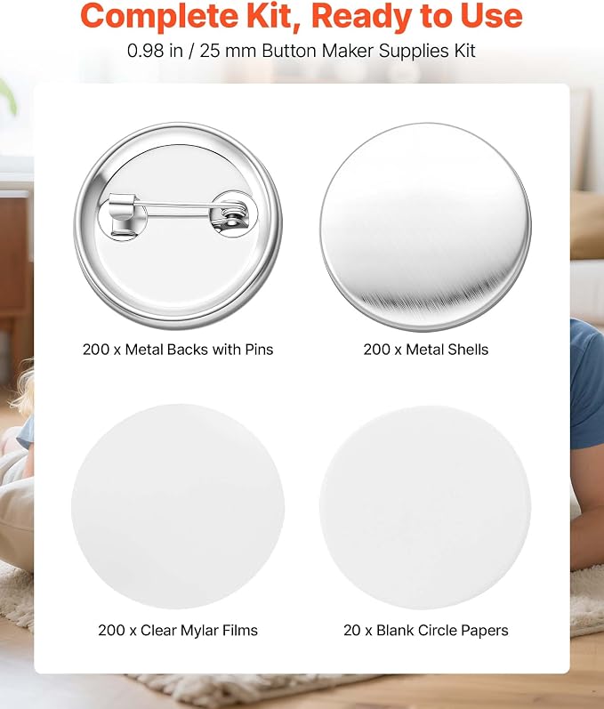 VEVOR Button Maker Supplies 200 Sets 1 in / 25 mm Pin Back Button Parts, with Metal Backs, Metal Shells, Clear Mylar Films, and Blank Circle Papers, for Home DIY, School Events, and Custom Studio