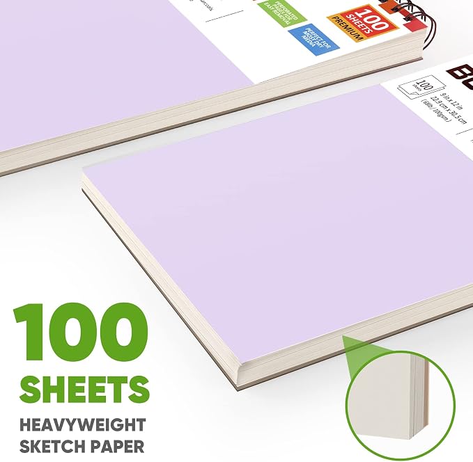 Soucolor 9x12 Sketch Book,100 Sheets Drawing Paper,Sketchbook for Teen Girl | Top Spiral Bound 68lb acid-free paper, Micro-perforated pages,Lay-flat top spiral ,Great for pencils, Pens & All dry media